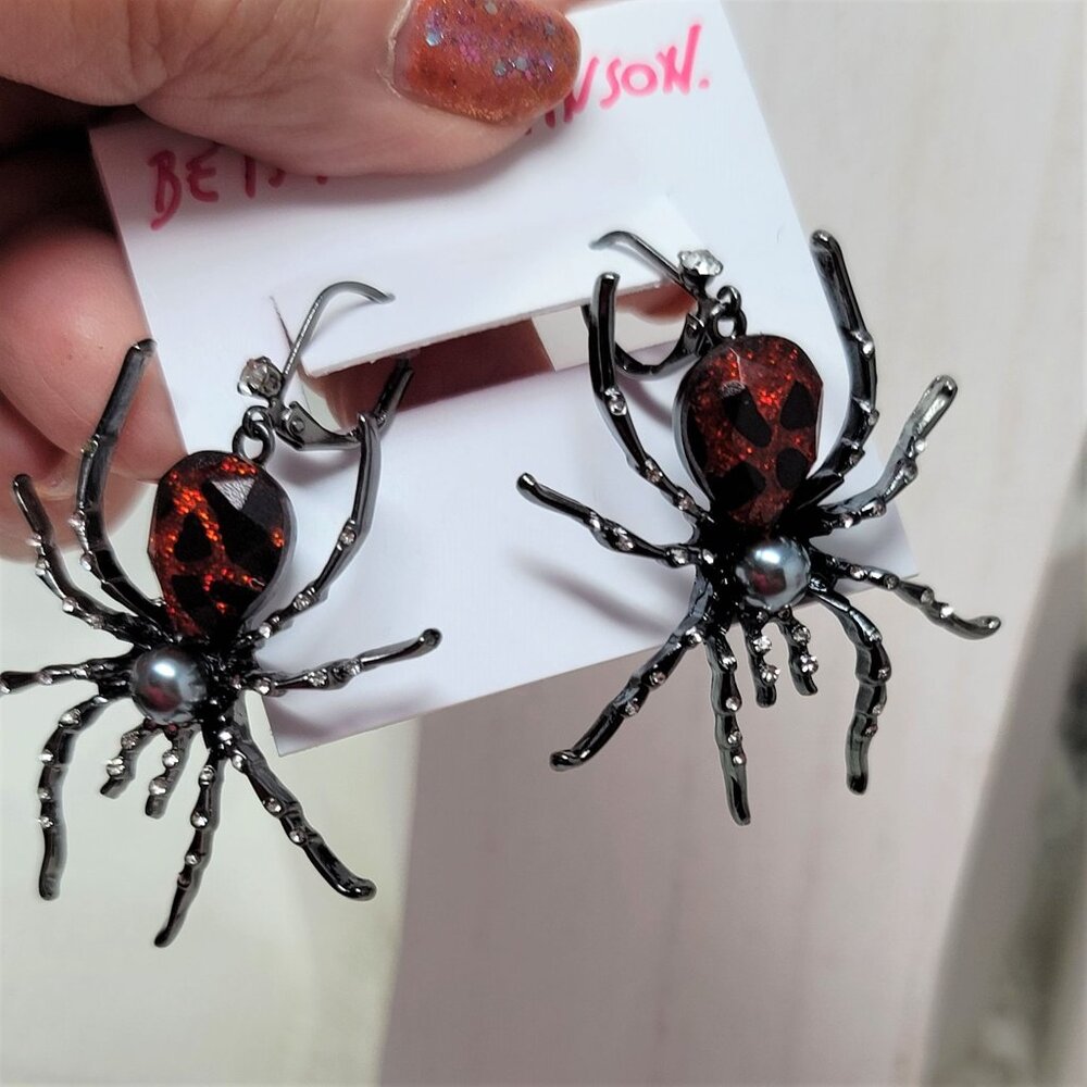 Betsey Johnson Large Spider Rhinestone Earrings - Picture 8 of 9